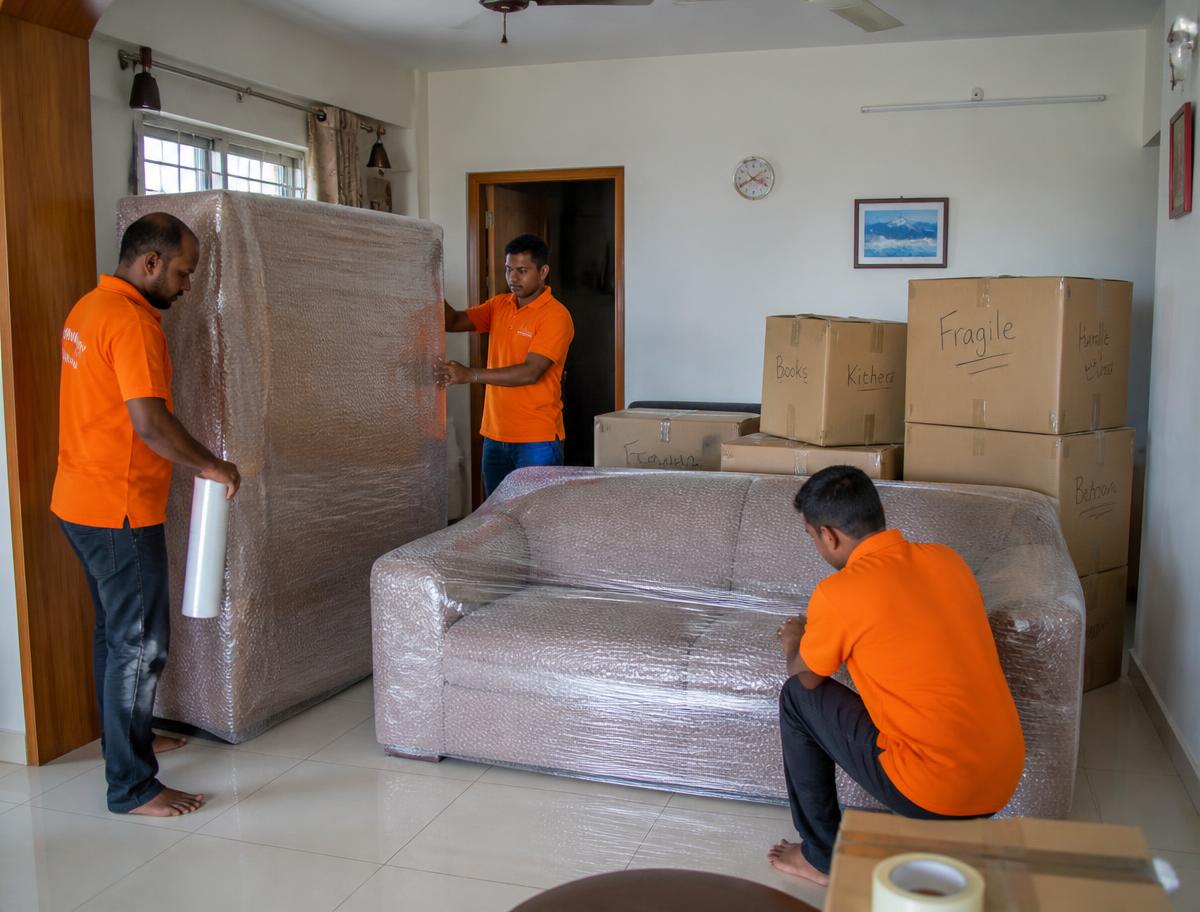 Gati packing crew wrapping furniture inside a customer's flat