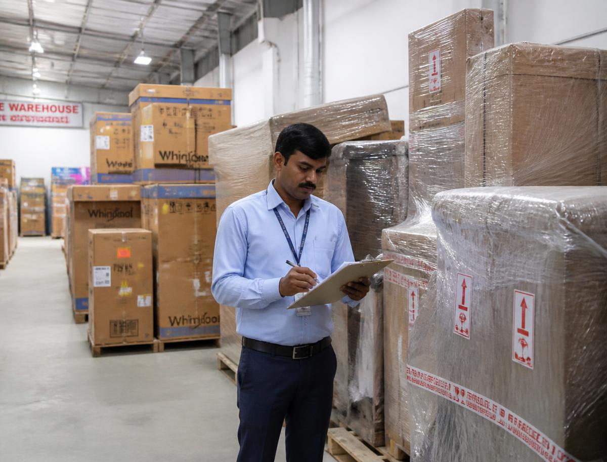 Labelled cartons stacked inside the Gati storage warehouse