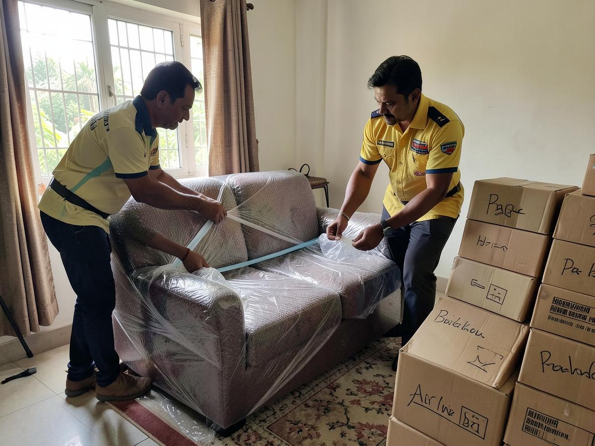 Gati crew wrapping a sofa in bubble wrap and stretch film inside a customer's flat